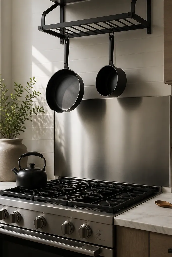 A slim ceiling-mounted pot rack holds two pots above the stove. The pots are in a matching finish and hang with equal spacing, while the backsplash stays minimal.