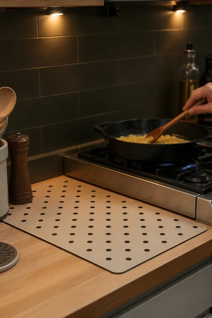 A cream heat-proof mat with small black dot pattern sits beside the stove. A cast iron skillet rests on it, and a matching black utensil rests in a nearby holder.