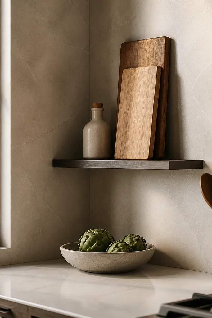 A floating shelf in the corner holds two slim cutting boards leaning upright. A small white vase sits on the right side, and the shelf brackets are painted the same color as the wall.