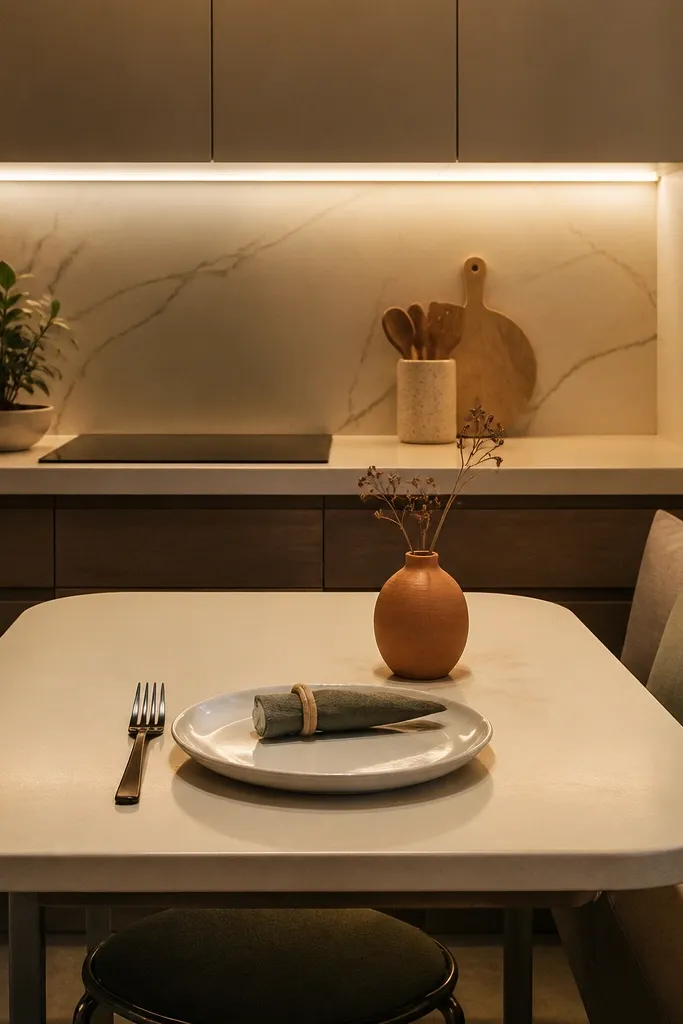 A small dining table has two place settings. Napkins are rolled in identical cream-and-sage fabric, with simple white plates and a small wooden salt box centered on each side.