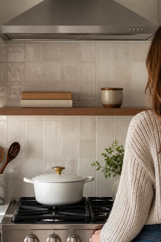 A narrow shelf above the stove holds a stack of two cookbooks with spines facing out. A small ceramic timer sits in front, and the backsplash remains plain white.