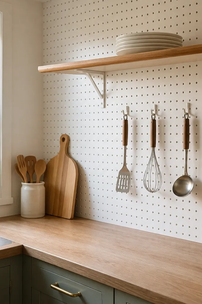 A white pegboard wall behind the coffee station holds hooks with a whisk, measuring spoons, and a small ladle. A wooden dowel holds a towel, and small labeled bins hang below.