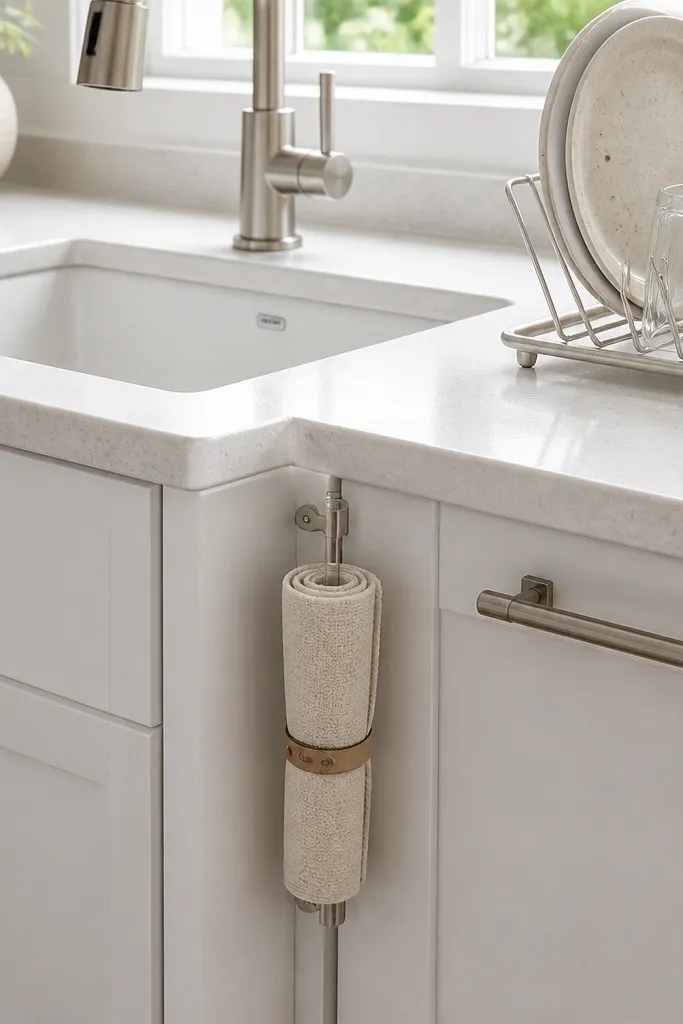 A vertical bar beside the sink holds a neatly rolled dish towel in cream linen. A small white ceramic cup holds a sponge, and the counter around it is clear.