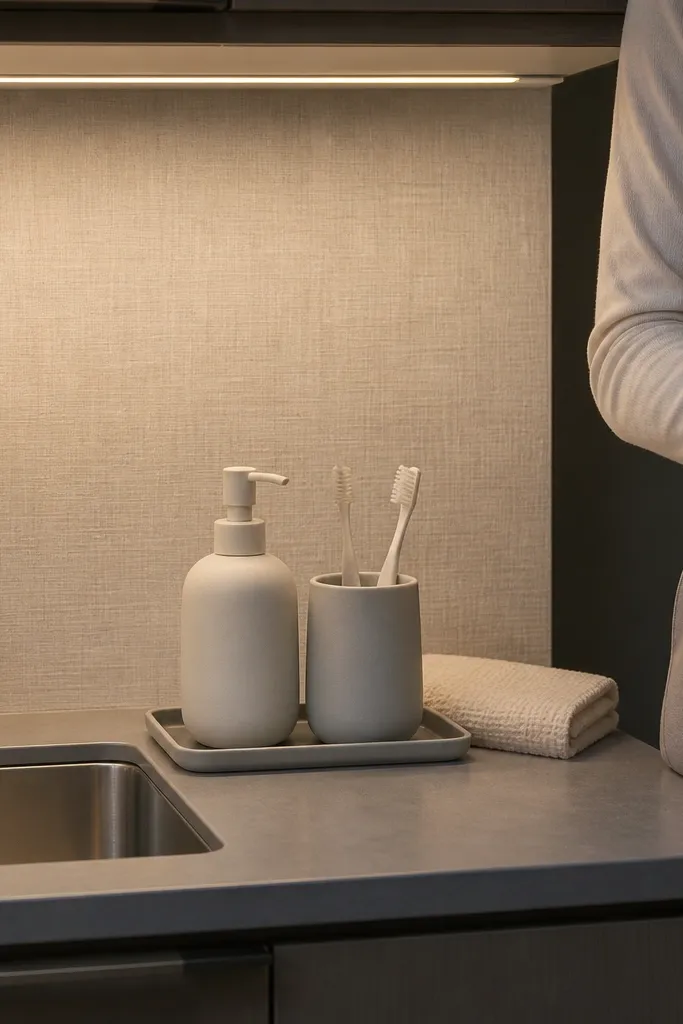 A matte ceramic soap dispenser and a matching cup sit on the sink ledge. The soap is creamy off-white, and the cup holds a small scrub brush and a toothbrush head.