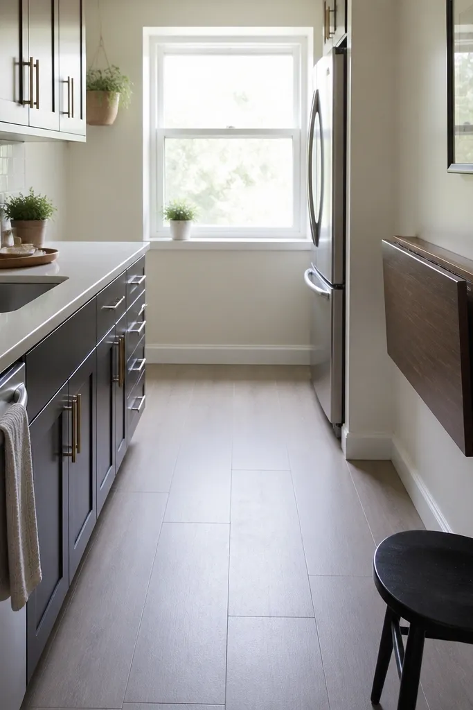 A narrow fold-out tabletop section attached to a wall or compact base, with two small chairs pushed in. The surface is styled with one runner and a single vase.