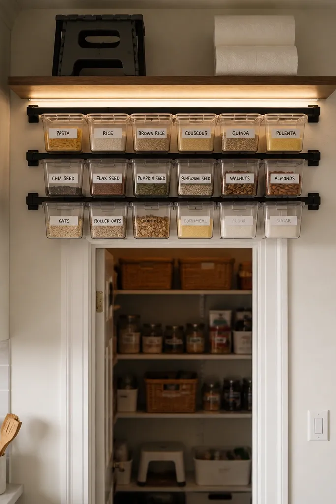 A small kitchen wall with a black ceiling rail track running horizontally above a doorway-sized pantry gap. Three rows of 1-inch clear plastic bins sit on the rail, each bin labeled with black marker on white tape. A narrow ceiling shelf holds a folded step stool and two stacked paper towel rolls, with a warm under-shelf LED glow reflecting off the rail's matte finish.
