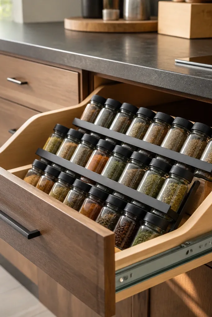 A narrow kitchen drawer pulled open to reveal a custom insert made from white melamine panels. Small rectangular condiment containers sit in individual slots, each container held by a thin magnetic strip. A pull handle is mounted on the insert face, and a strip of matte black metal runs along the bottom edge. The drawer sides are clean and the insert lifts out for restocking, with labels in small black-on-white stickers.