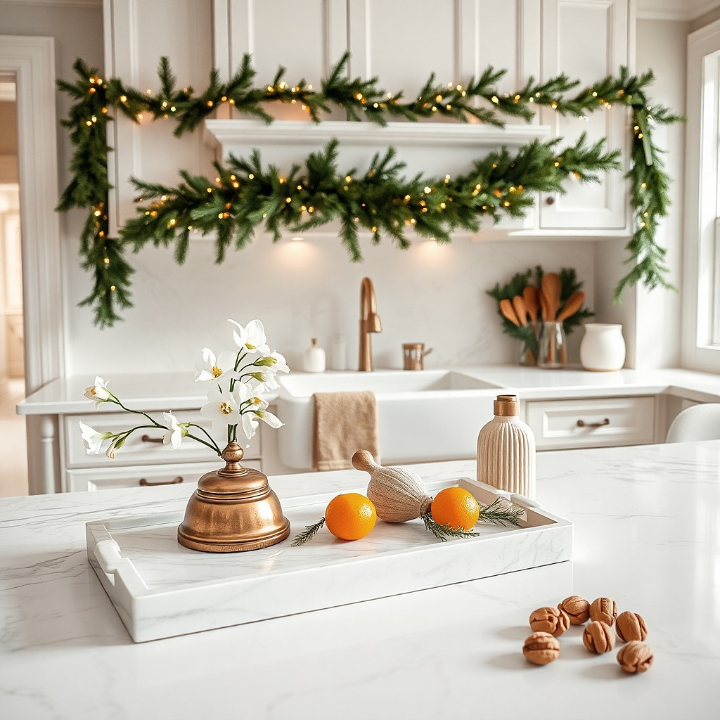 White paperwhites on a marble tray with brass bells and a linen towel