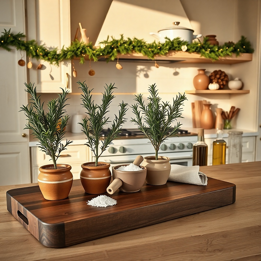 Walnut board with two rosemary topiaries and a small bowl of coarse salt