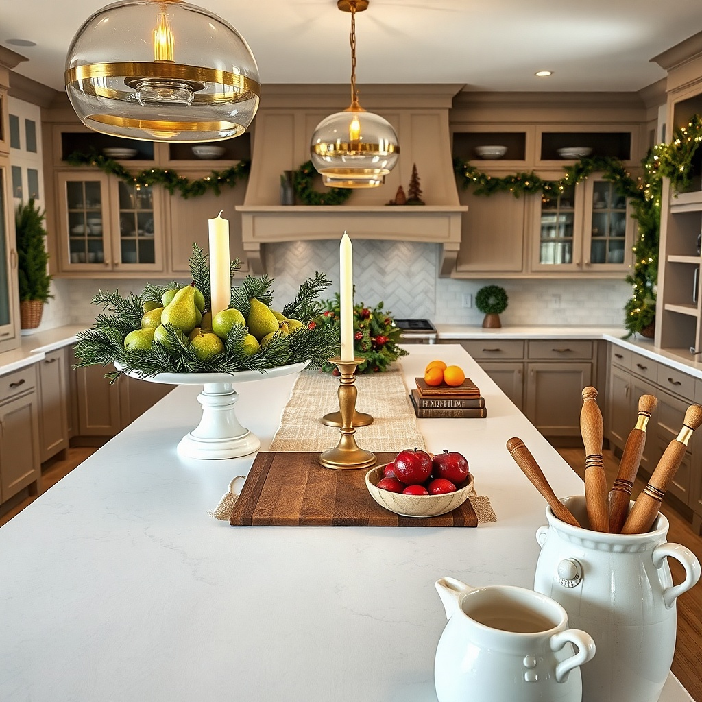White cake stand with green pears, cedar sprigs, and a single cream candle
