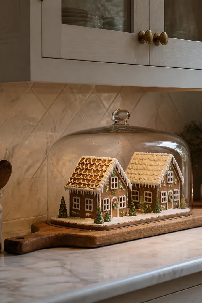 Long wood breadboard with a glass cloche over small gingerbread houses