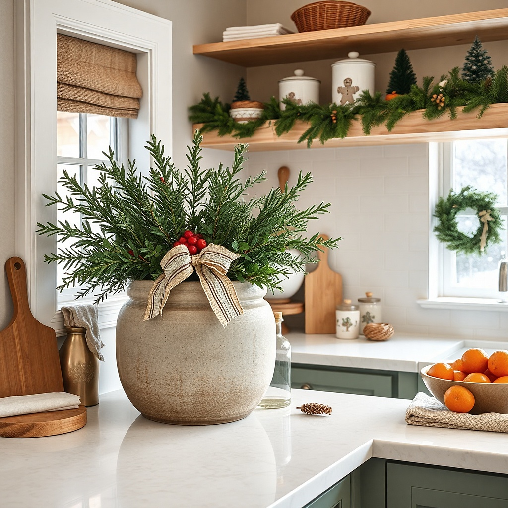 Stoneware crock filled with cedar and eucalyptus tied with a striped ribbon