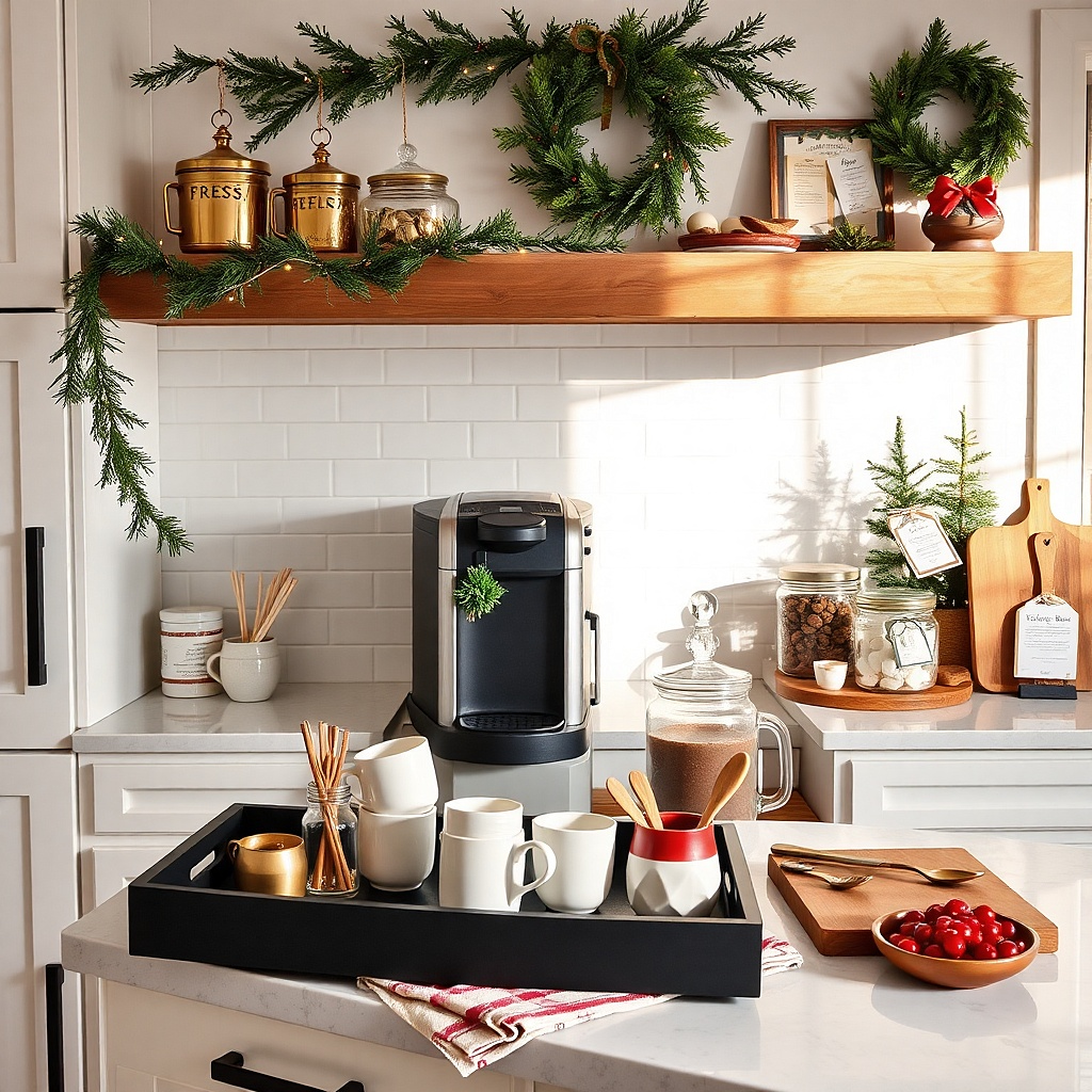 Black coffee tray with mugs, syrup bottle, and a tiny wreath tied around it