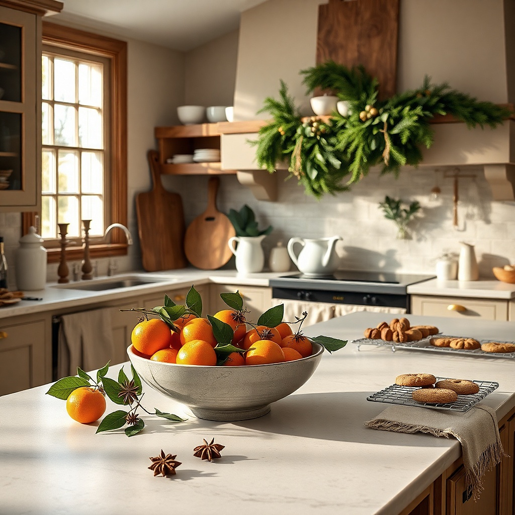 Shallow bowl of clementines with bay leaves and star anise on a kitchen counter