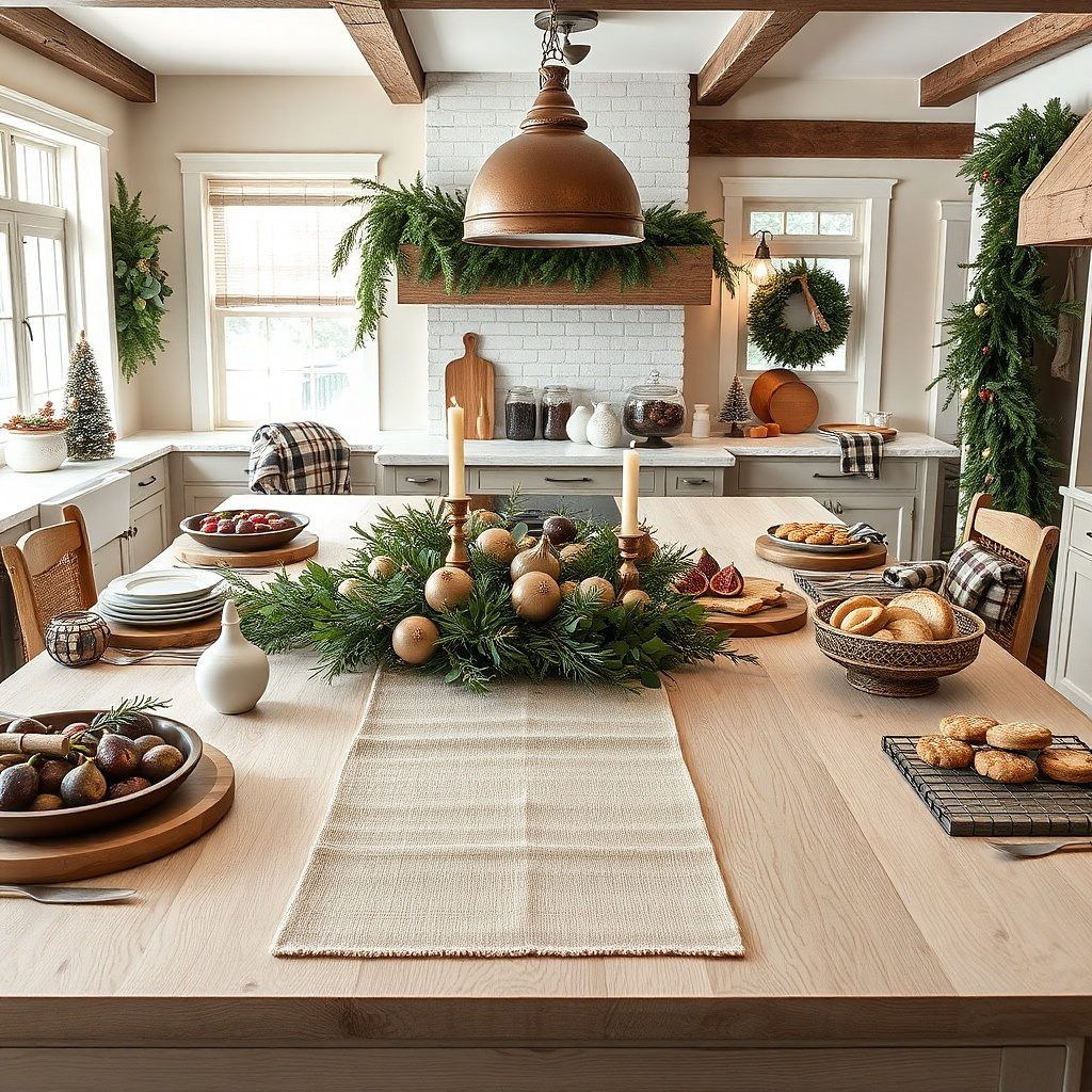 Short linen runner with low pine swag and wood beads on an island counter