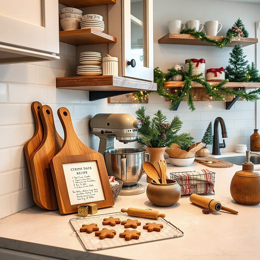 Small framed holiday recipe on layered cutting boards with brass cookie cutters
