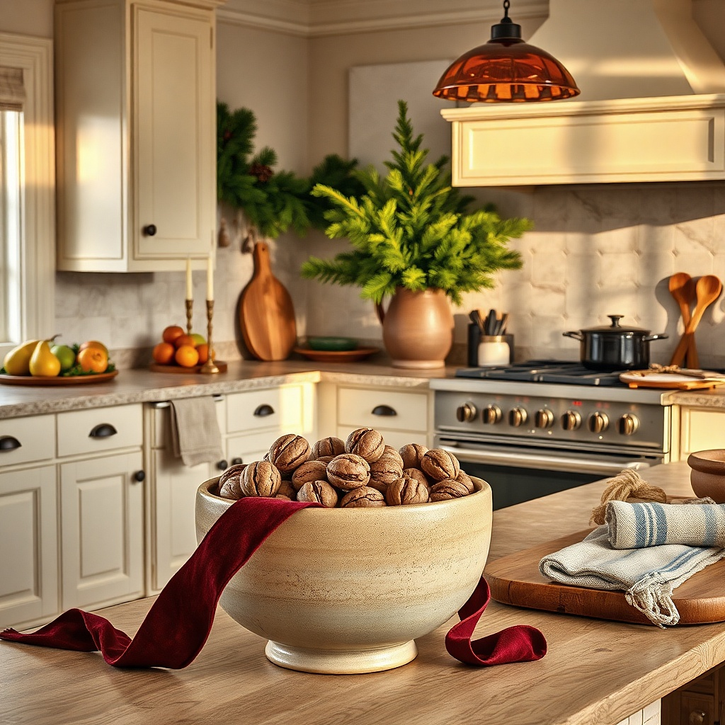 Ceramic bowl of walnuts beside two short brass taper holders with green ribbon