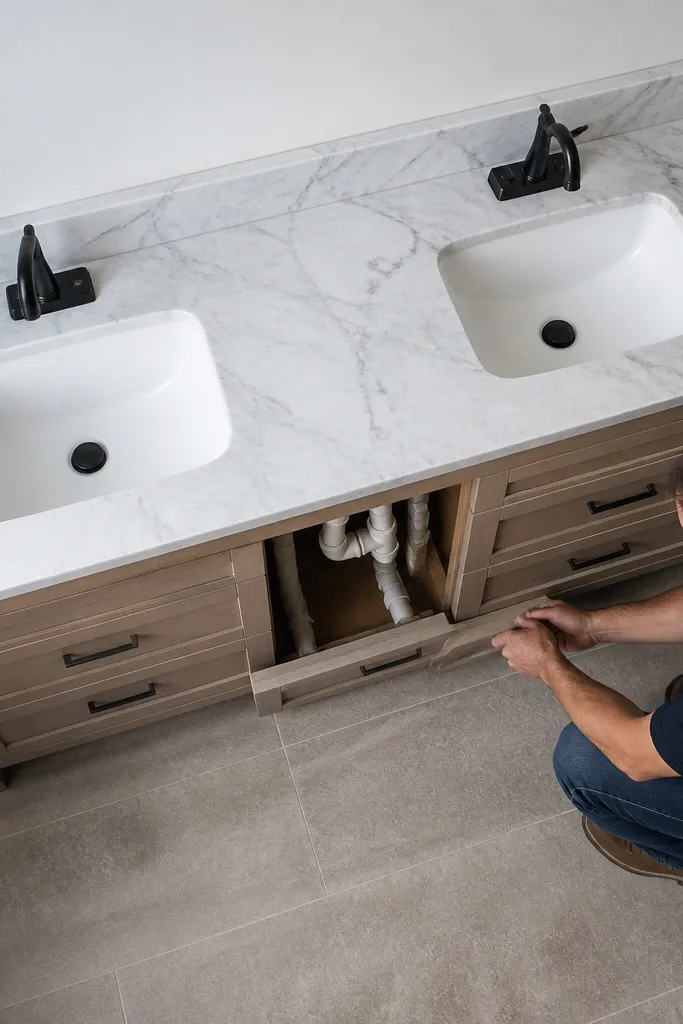 Two sinks on a vanity with cramped faucet spacing and plumbing interference