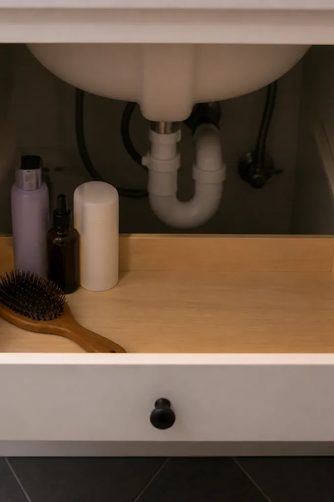 Drawer front blocked by sink plumbing and reduced drawer access