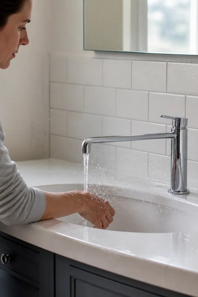 Water splashing onto the wall and countertop due to poor faucet placement