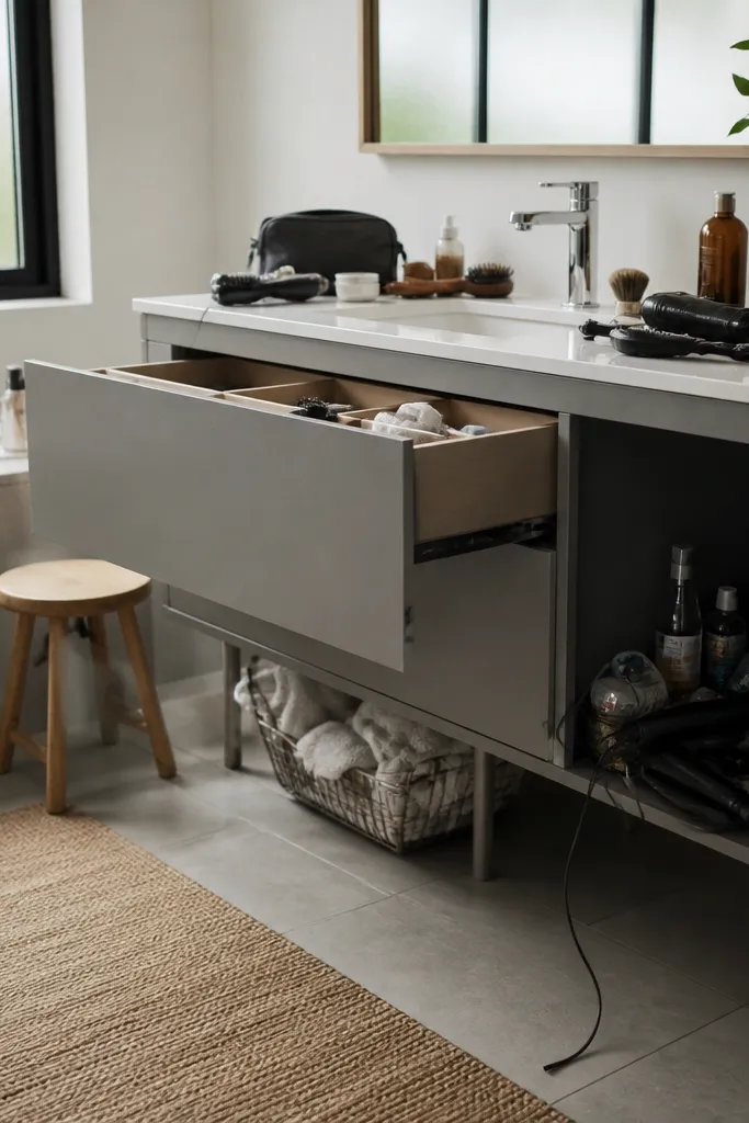 Counter clutter and half-empty drawers with no place for toiletries
