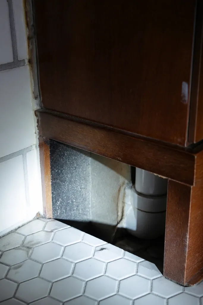 Visible gap behind vanity with moisture risk near the wall