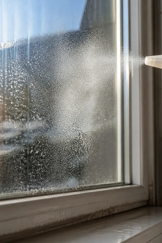 Citric acid cleaner misted on gray mineral streaks across kitchen window glass