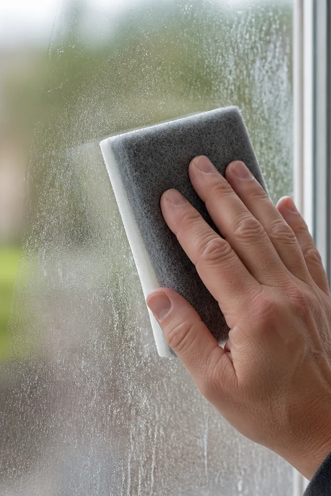 Soft non-scratch sponge rubbing hard water spots on glass