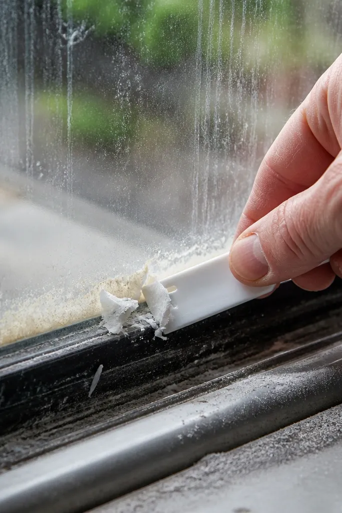 Plastic razor blade scraping mineral buildup on a window corner