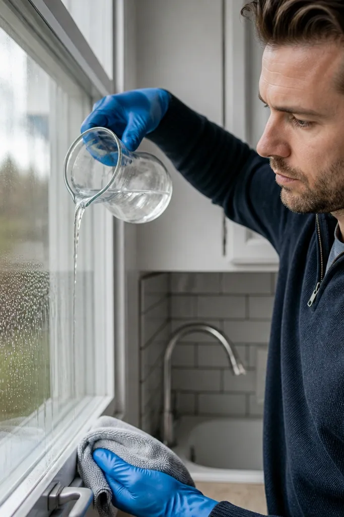 Clean distilled water poured over rinsed window glass to prevent new streaks