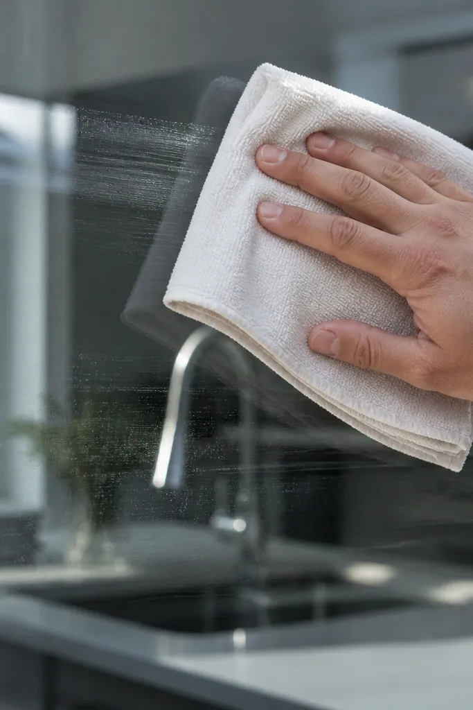 Microfiber towel drying window glass in straight strokes