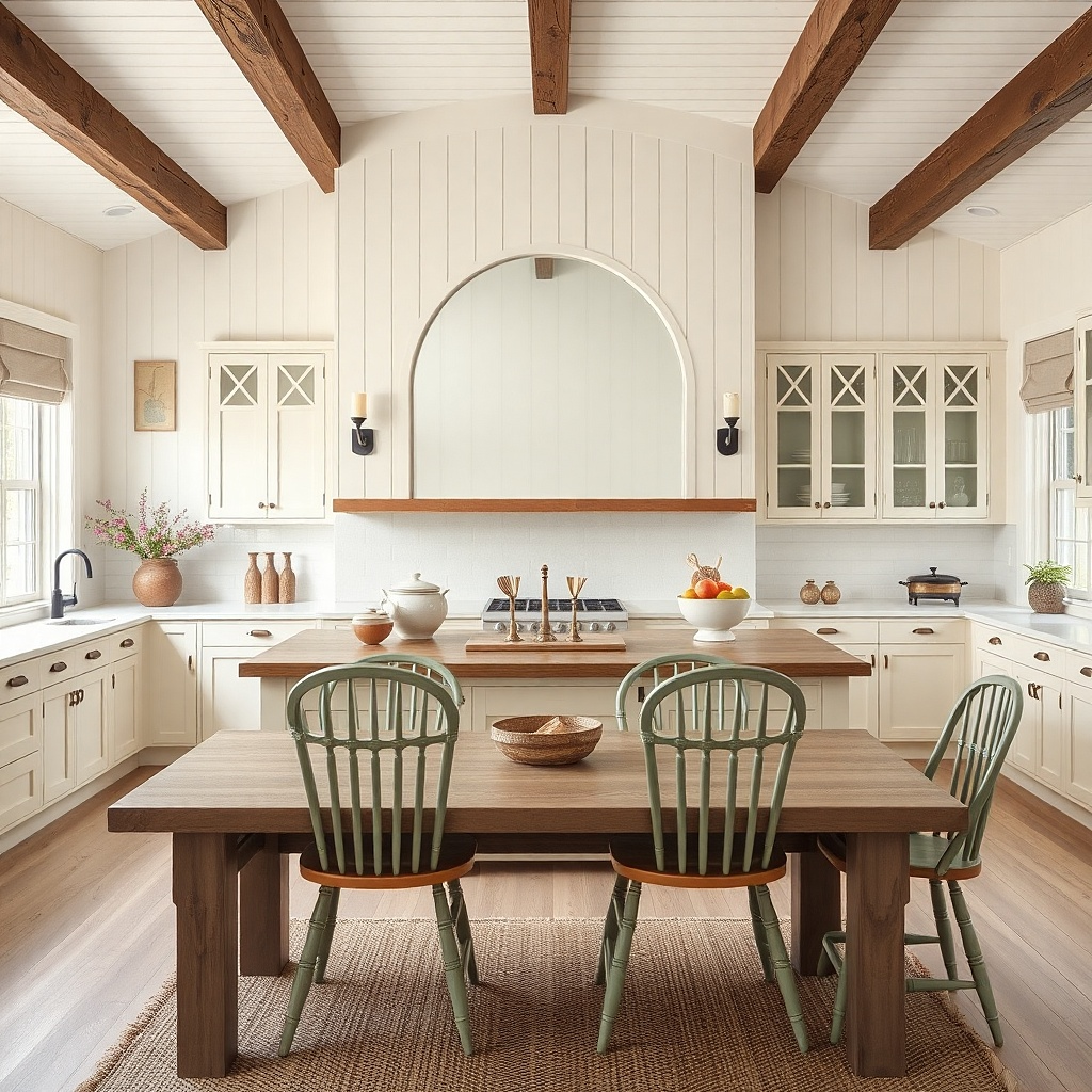 Oval farmhouse mirror above a wood dining buffet with small framed prints