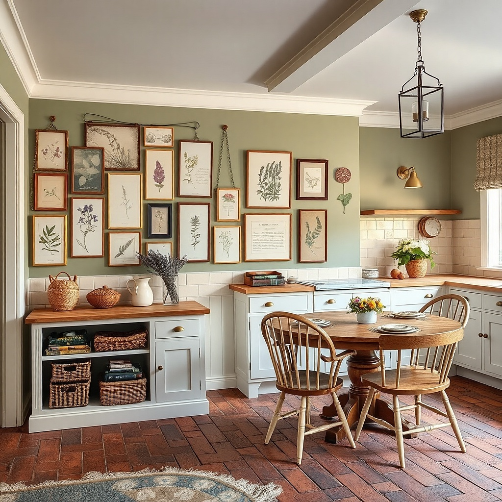White picture rail with layered botanical and farmhouse prints beneath it