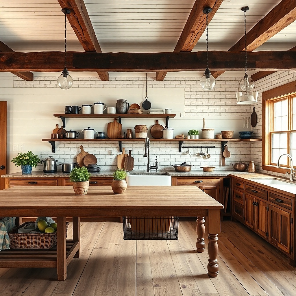 Galvanized utensil rail with hooks and enamel mugs on a country kitchen wall