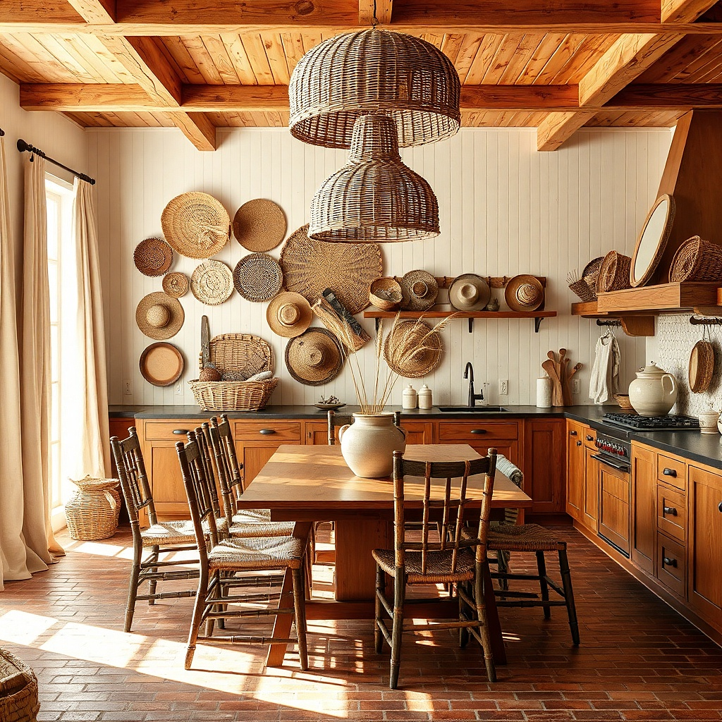 Woven baskets hung in a cluster above a dining table with one small framed print