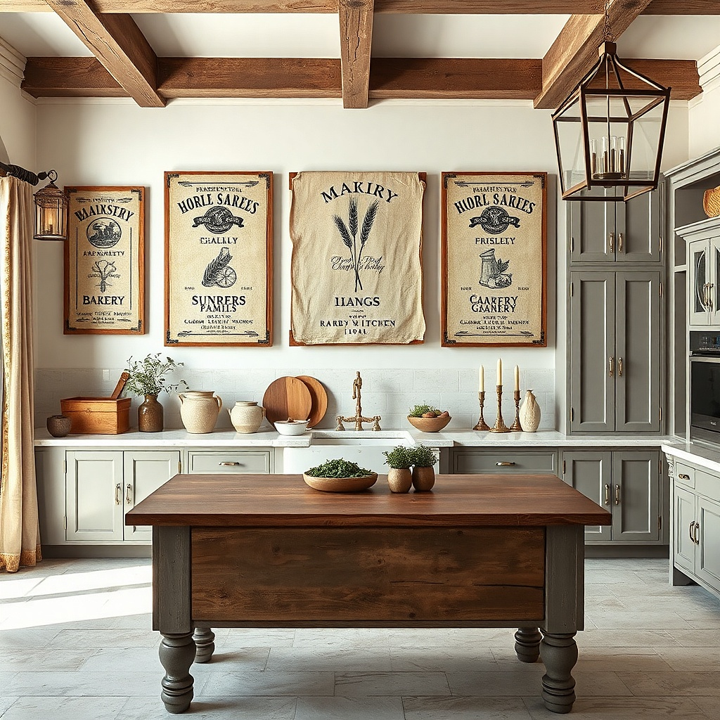 Framed canvas grain sack prints arranged in a tidy grid on a cream wall