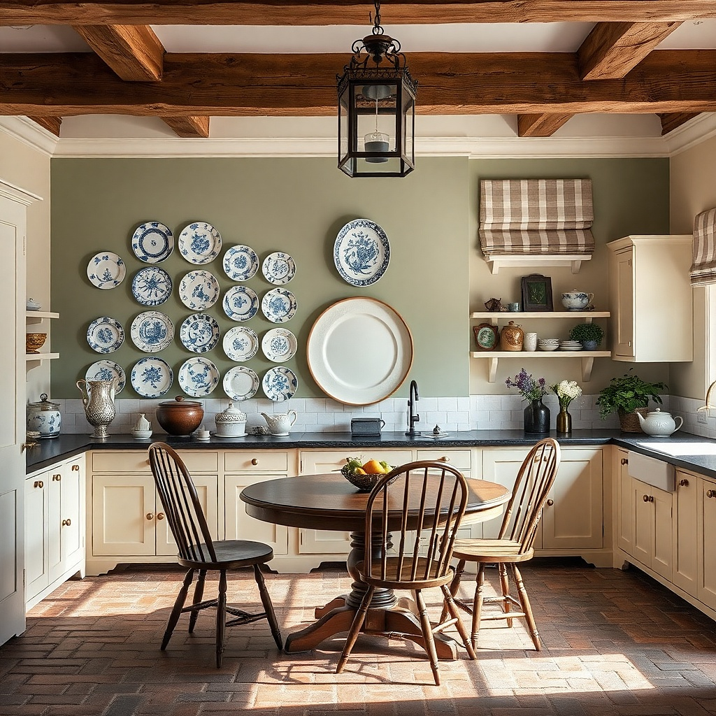 Several vintage-style plates mounted on a wall in a staggered arrangement