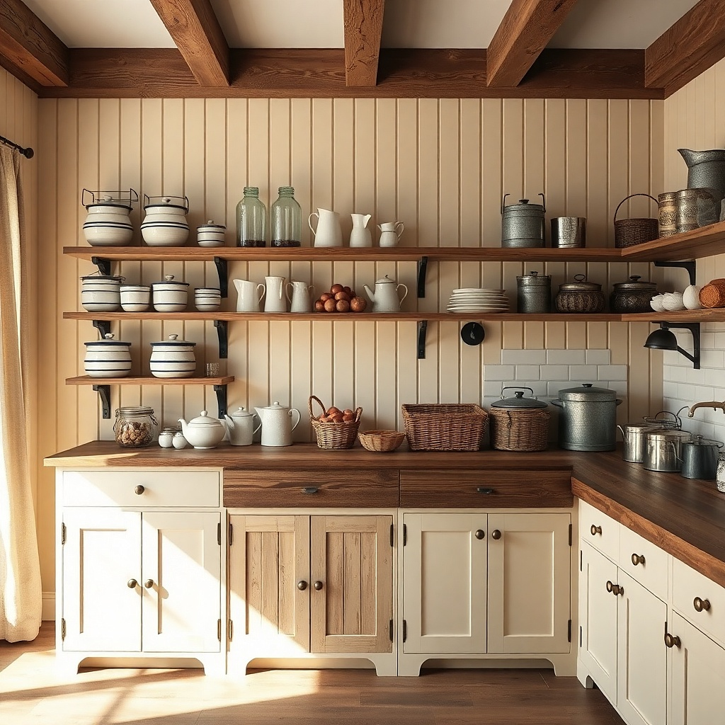 Two-tier open shelf with wood brackets and enamel jars and bowls