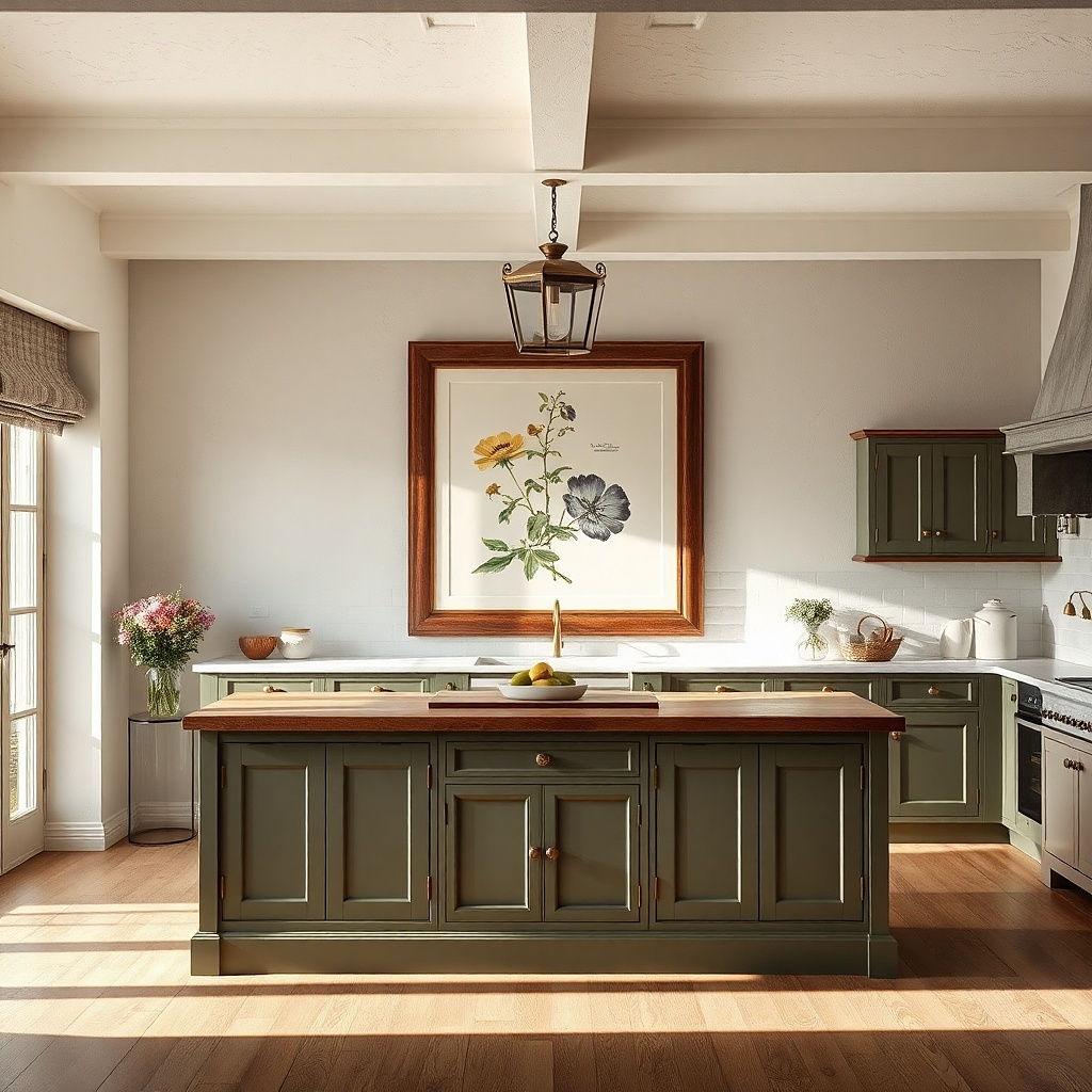 Large botanical wall print in warm wood frame above kitchen counter