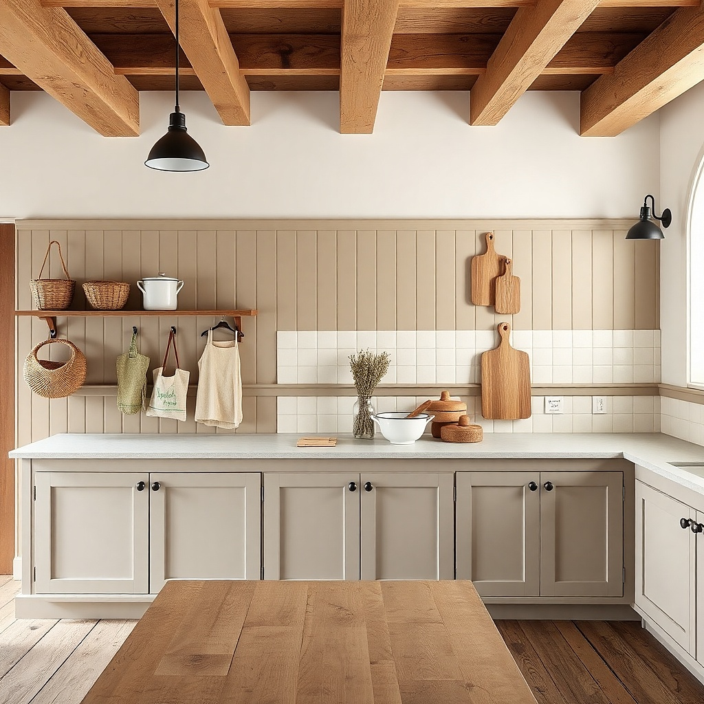 White shaker-style panel with small hooks and a few linen tags on a kitchen wall