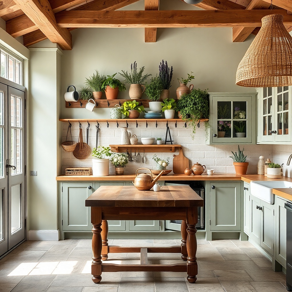 Enamel mugs hanging from hooks above a small planter shelf with herbs