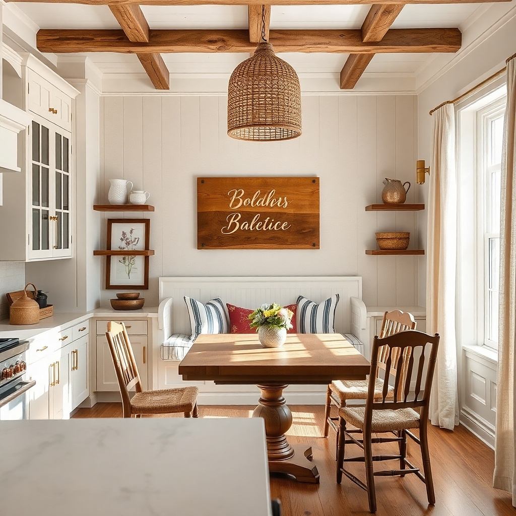 Muted typography on a cream wall in two lines above a kitchen counter