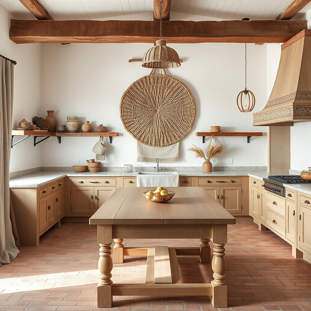 Large woven wall basket mounted above a neutral runner on a kitchen wall