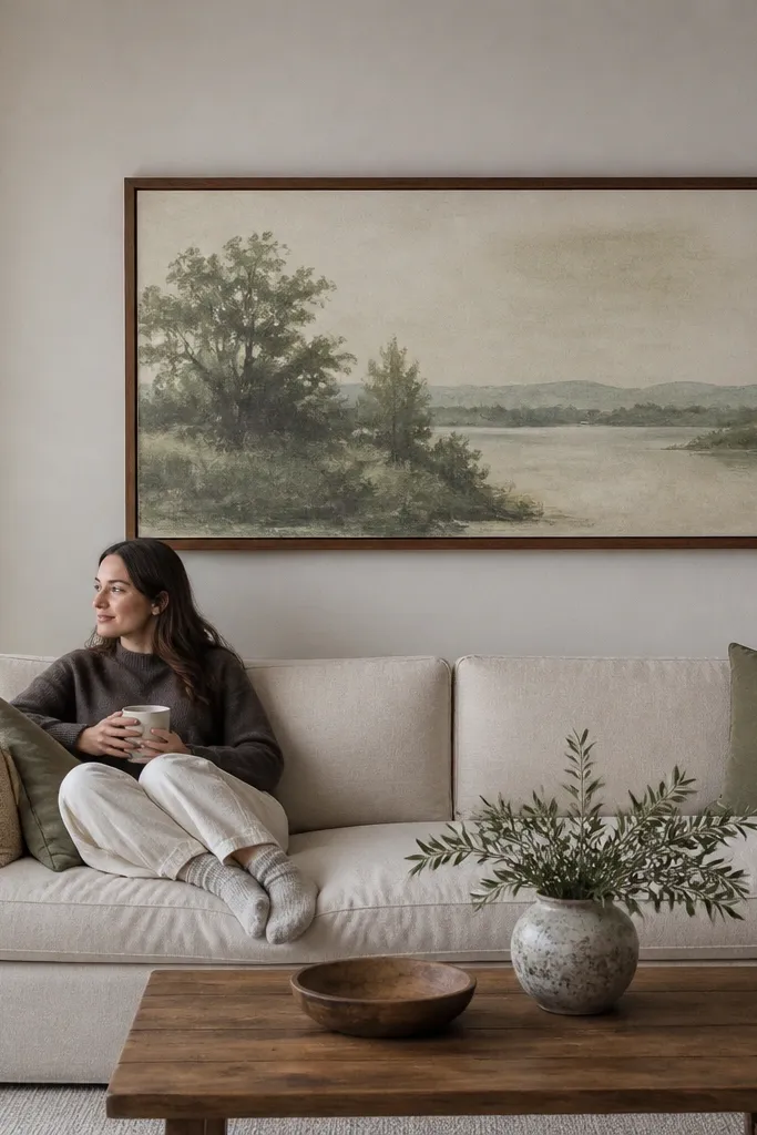 Large framed landscape artwork above a sofa with even margins