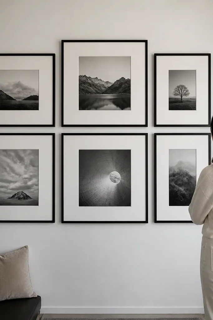 Three-by-two grid of framed prints aligned neatly on a wall