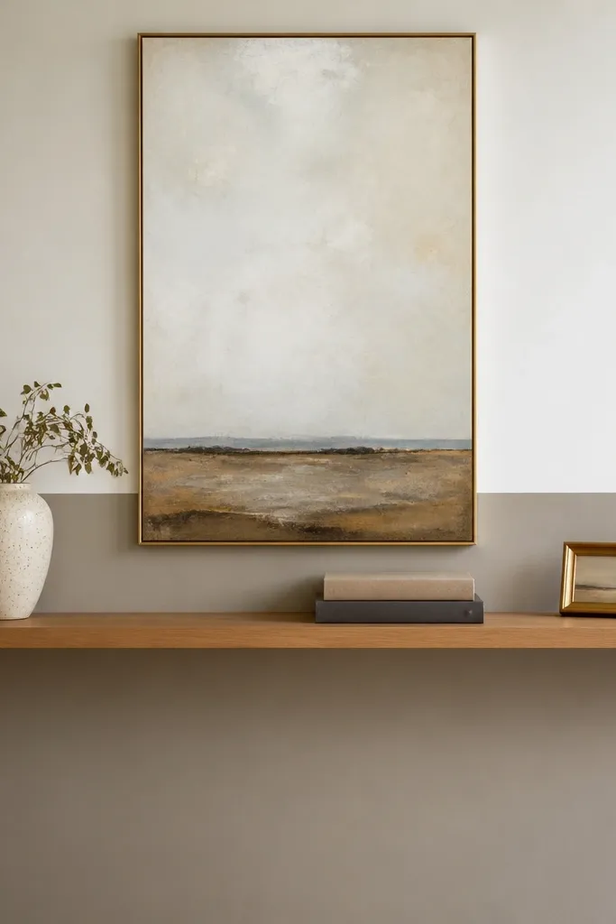 Two floating shelves with neutral decor and a framed print above