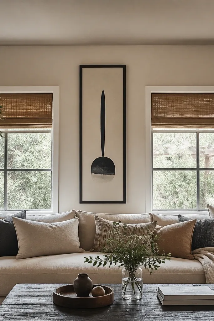 Tall framed print aligned above a sofa with clean margins