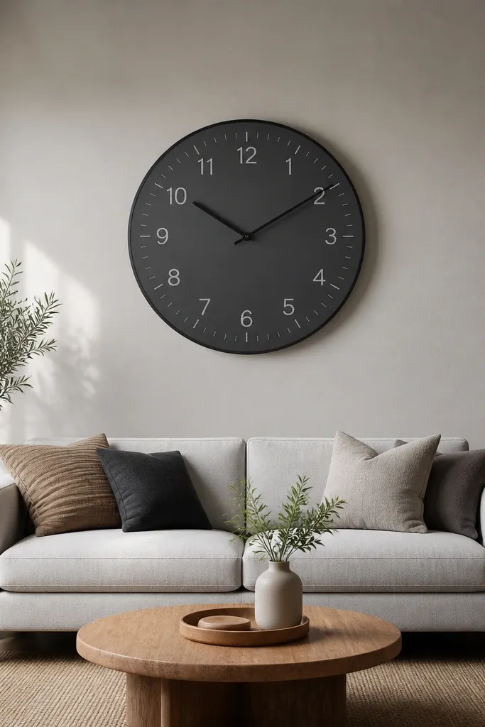 Large matte wall clock centered above a sofa