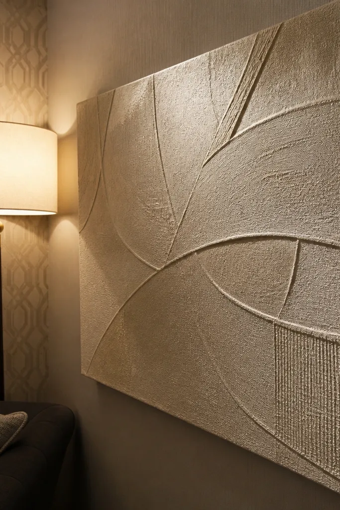 Fabric wall hanging with subtle texture on a neutral wall