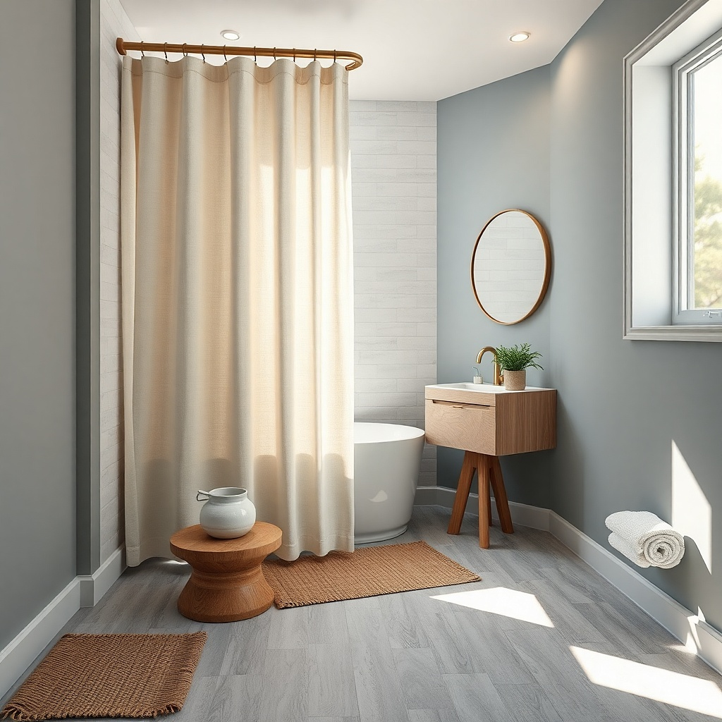 Warm white linen-blend shower curtain with soft folds and a matte liner